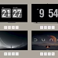 Four TV Screens Showing Clock Displays Dune Image and Scenic View with Control Buttons Below