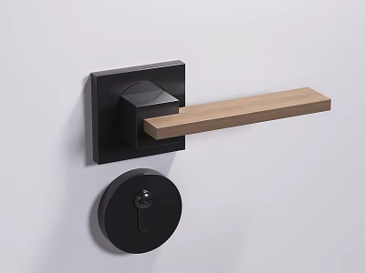 Modern Door Handle Design with Black Base and Wooden Lever Including Keyhole 3d model