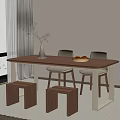 Minimalist Modern Dining Table Set With Wooden Chairs Stools Vase And Fruit Bowl