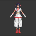 Anime Character in Red White Outfit with Dark Blue Hair Red Hairpiece and Red Shoes