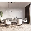 Elegant Modern Restaurant Interior With Round Dining Table White Chairs Pendant Lights And Herringbone Floor