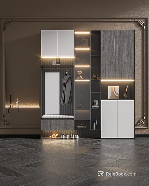 Modern Shoe Cabinet Design With LED Lighting Mirror Clothing Rack Bench And Storage 3d model 