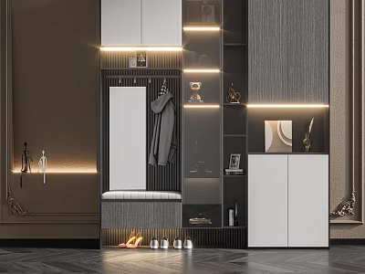 Modern Shoe Cabinet Design With LED Lighting Mirror Clothing Rack Bench And Storage 3d model