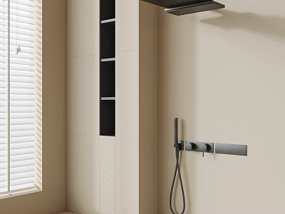 Black Wall Mounted Shower Head With Handheld Sprayer And Beige Bathroom Wall Shelf 3d model