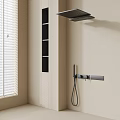 Black Wall Mounted Shower Head With Handheld Sprayer And Beige Bathroom Wall Shelf