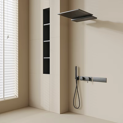 Black Wall Mounted Shower Head With Handheld Sprayer And Beige Bathroom Wall Shelf 3d model