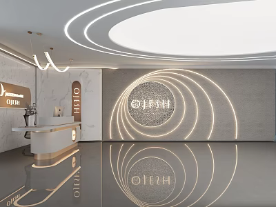 Modern Reception Area Interior Design With Circular Light Strips Brand Logo And Sleek Floor 3d model
