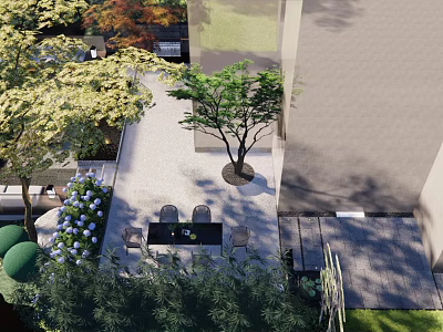 Tranquil Courtyard Garden Design With Paved Patio Seating Area Trees And Flowering Plants 3d model
