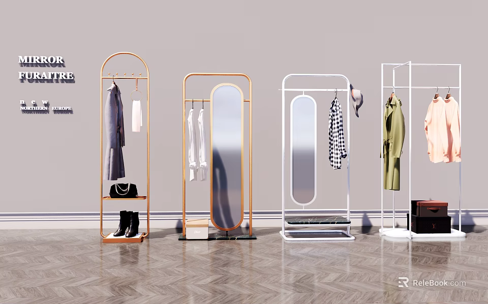 Varied Design Modern Clothes Racks With Mirrors Shelves Hanging Clothes And Accessories 3d model 