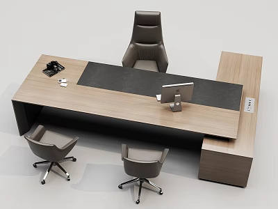 Modern Wooden Office Desk With Ergonomic Chairs Computer Monitor And Telephone 3d model