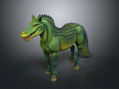 Green Mythical Hybrid Animal with Striped Skin Crocodile Head Horse Body Sharp Teeth Reptilian Tail 3d model