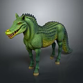 Green Mythical Hybrid Animal with Striped Skin Crocodile Head Horse Body Sharp Teeth Reptilian Tail