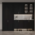 Modern Black Shoe Cabinet With Glass Doors And Patterned Tile Backsplash For Shoes Storage 3d model