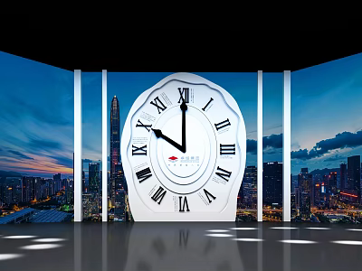 Large White Clock With Roman Numerals Against City Night View And Tall Buildings 3d model