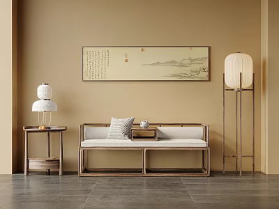 Traditional Chinese Interior Design With Beige Wall Calligraphy Art Bench Side Table And Floor Lamps 3d model
