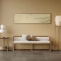 Traditional Chinese Interior Design With Beige Wall Calligraphy Art Bench Side Table And Floor Lamps