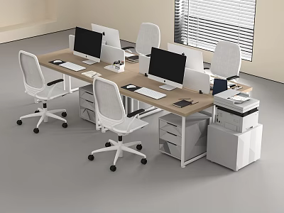 Modern Wooden Office Desk With Multiple Computers White Chairs And Printer 3d model