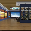 Cultural Exhibition Hall Interior With Display Boards Shelves Green Plants And Seats