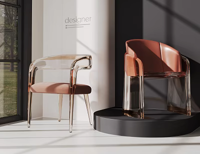 Modern Leisure Chairs With Transparent Acrylic Frame And Orange Upholstered Seat In Bright Modern Room 3d model