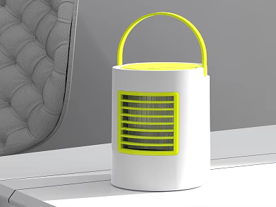Portable White Electric Fan With Yellow Handle And Grille For Tabletop Use 3d model