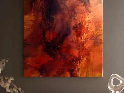 Abstract Painting With Red Orange Black Tones And Textured Layers On Wall 3d model