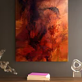 Abstract Painting With Red Orange Black Tones And Textured Layers On Wall