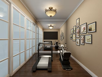 Modern Fitness Room With Treadmill Equipment Wall Paintings And Wooden Floor Chandelier 3d model