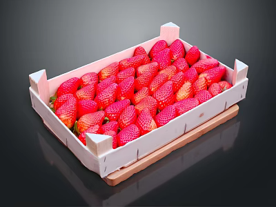 Fresh Ripe Strawberries in White Wooden Tray Filled with Juicy Berries 3d model