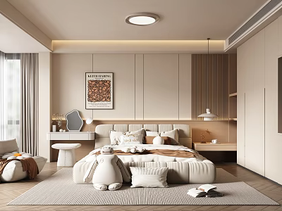 Modern Bedroom Interior Design With Comfortable Bed Wall Artwork Area Rug And Built In Wardrobe 3d model