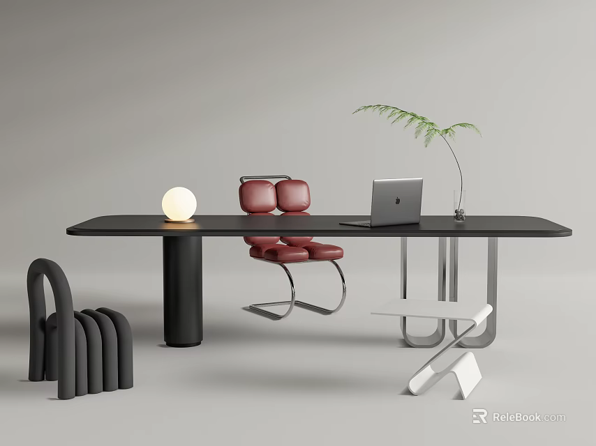 Modern Black Desk Workspace With White Round Lamp Laptop Green Plant And Red Chair 3d model 