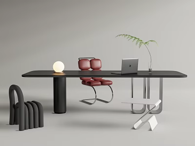 Modern Black Desk Workspace With White Round Lamp Laptop Green Plant And Red Chair 3d model