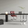 Modern Black Desk Workspace With White Round Lamp Laptop Green Plant And Red Chair