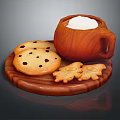 Wooden Platter With Hot Drink Topped With Cream And Chocolate Chip Ghost Shaped Cookies