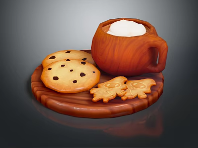 Wooden Platter With Hot Drink Topped With Cream And Chocolate Chip Ghost Shaped Cookies 3d model