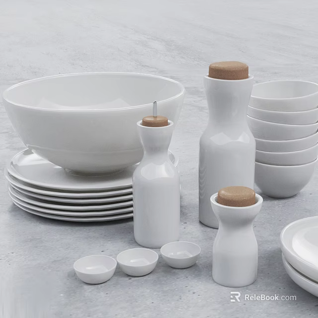 White Ceramic Dinnerware Set with Bowls Plates and Cork Lid Jars for Kitchen Dining 3d model 