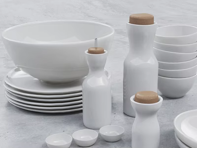 White Ceramic Dinnerware Set with Bowls Plates and Cork Lid Jars for Kitchen Dining 3d model