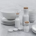 White Ceramic Dinnerware Set with Bowls Plates and Cork Lid Jars for Kitchen Dining 3d model