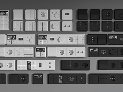 Modern Switch Panels in White and Black Colors with Various Socket and Button Designs 3d model
