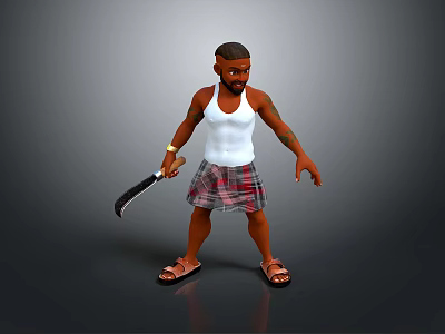 3D Character Model With White Tank Top Plaid Skirt Sandals Machete And Tattoos 3d model