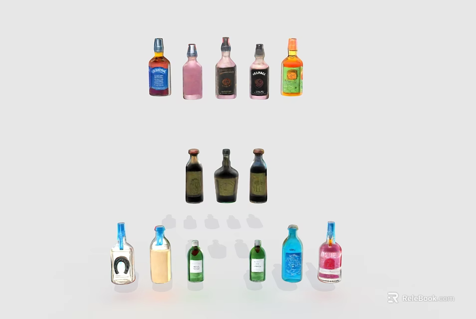Colorful Wine Bottles and Glasses Arranged in Rows on White Background 3d model 
