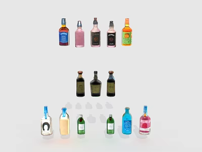 Colorful Wine Bottles and Glasses Arranged in Rows on White Background 3d model