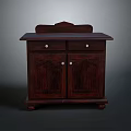 Traditional Dark Wooden Cabinet With Carved Top Two Drawers Doors And Decorative Legs