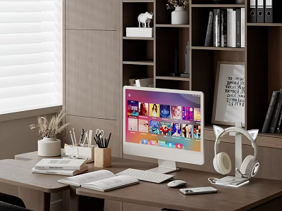 Modern Minimalist Home Office Desk Decorative Ornament Set With Stationery And Green Plant 3d model