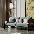 Gray Double Sofa With Multiple Pillows In Chinese Style Interior With Lantern And Green Plant