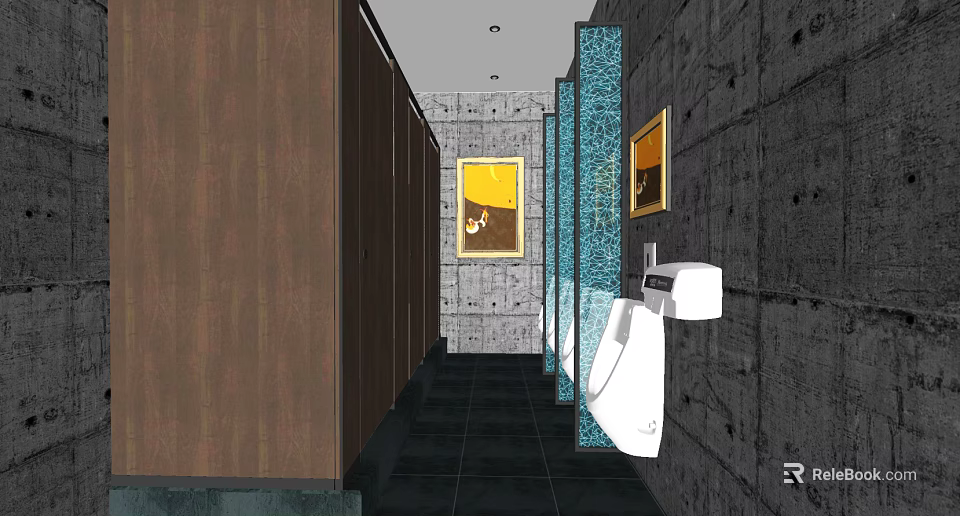Public Restroom Interior With Wooden Stalls White Urinal Dark Tiled Floor And Gray Concrete Walls 3d model 