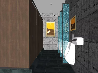 Public Restroom Interior With Wooden Stalls White Urinal Dark Tiled Floor And Gray Concrete Walls 3d model