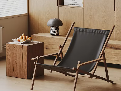 Wooden Frame Black Cushion Lounge Chair With Side Table Fruit Basket In Natural Light 3d model