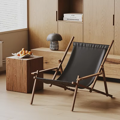 Wooden Frame Black Cushion Lounge Chair With Side Table Fruit Basket In Natural Light 3d model