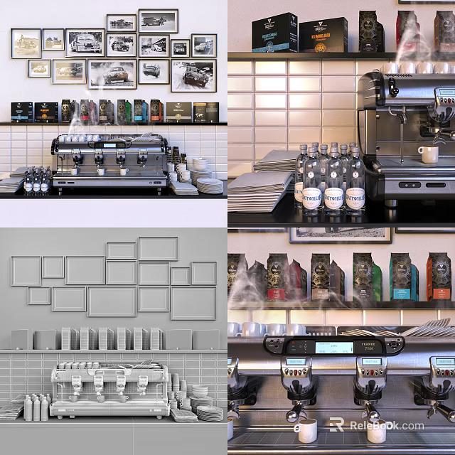 Modern Kitchen Interior With Coffee Machine Appliances Bottles And Coffee Bean Packages 3d model