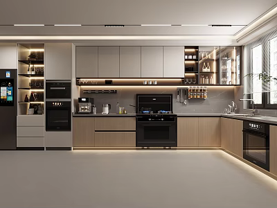 Modern Open Kitchen Interior With Gray Cabinets Black Appliances And Under Cabinet Lighting 3d model
